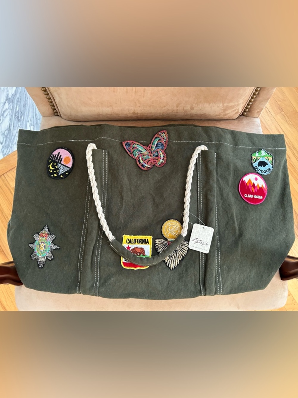 Free People Been There Badge Patches Green Canvas Tote Bag NWT